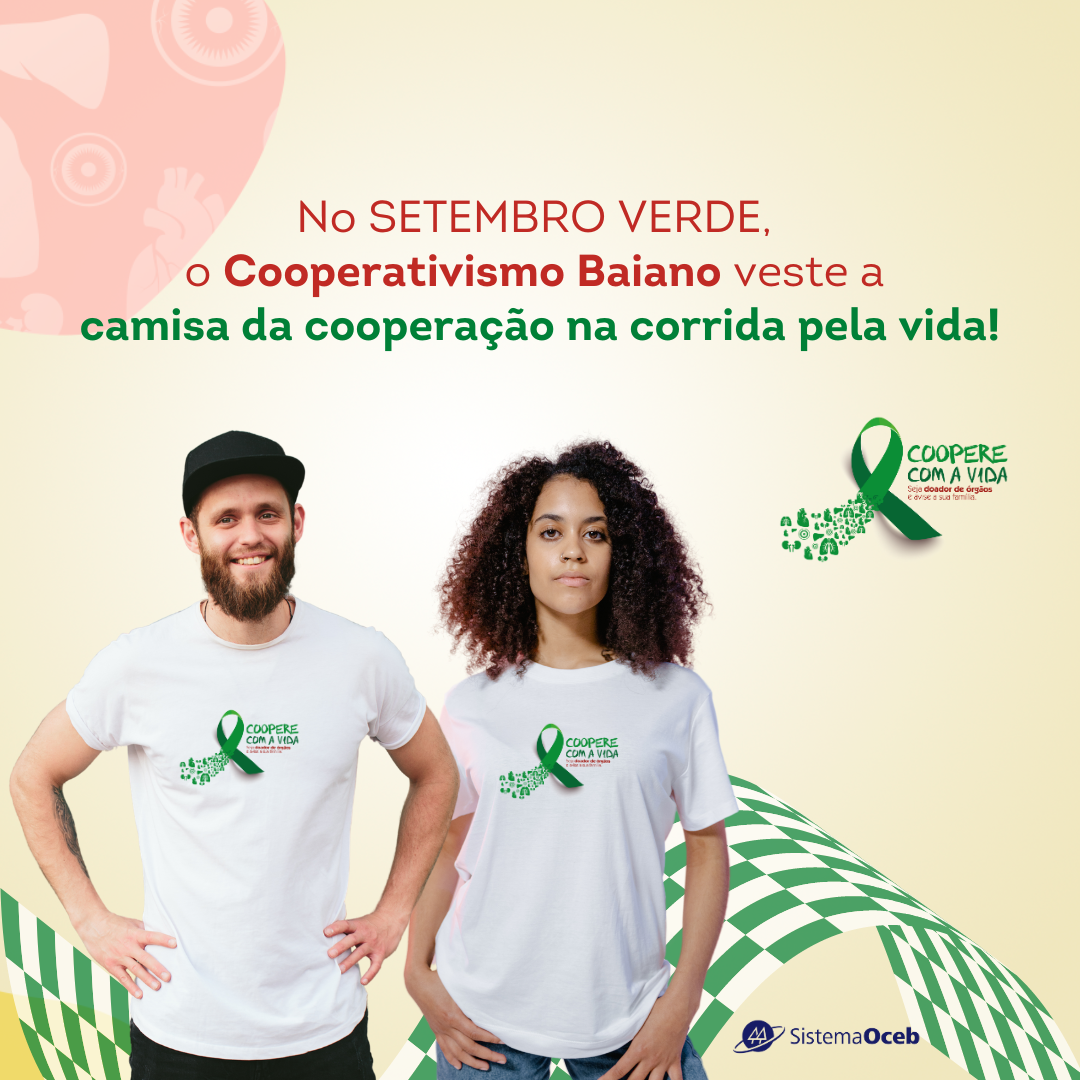 Homem e mulher vestindo a camisa da Coopere com a Vida 2024
